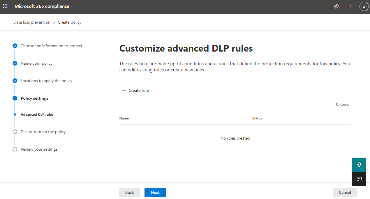 Screenshot of D L P create rule page.