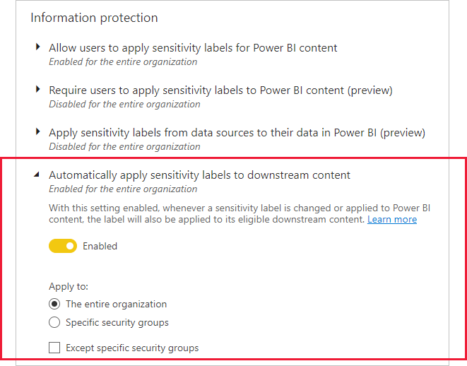 Screenshot of tenant setting for automatically applying labels to downstream content.