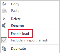 Screenshot of Power Query showing "Enable load" option.