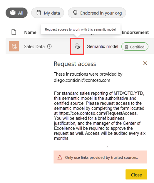 Screenshot of the request access message in the data hub, for a semantic model that's set to be discoverable.
