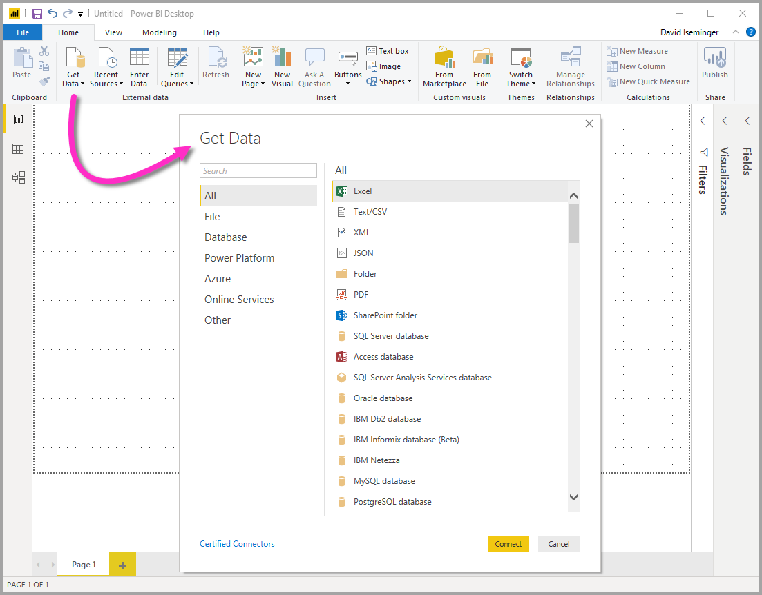 Screenshot that shows the Get Data icon and the Get Data dialog box in Power BI Desktop.