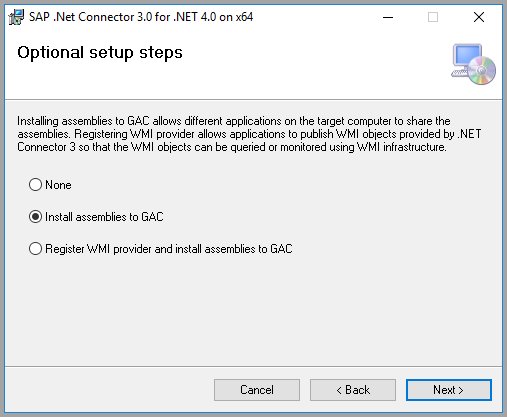 Screenshot of the SAP optional setup steps with Install assemblies to GAC selected.