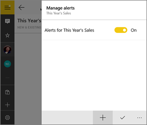 Screenshot of the Manage alerts, showing the plus sign to add an alert.
