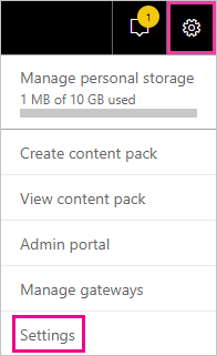 Screenshot showing the Power BI ribbon. The gear icon and the settings menu option are highlighted.