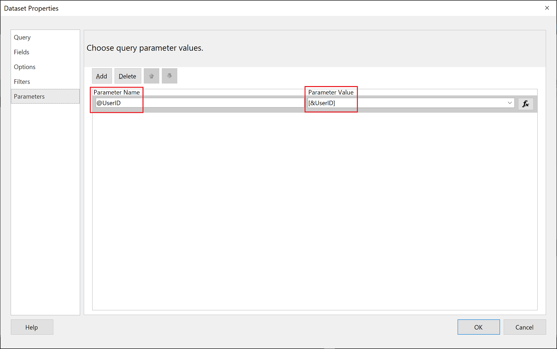 Screenshot shows Power BI Report Builder parameter name.