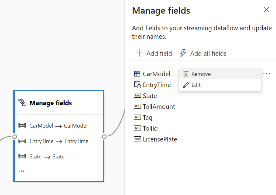 Screenshot that shows configuration of the Manage fields transformation.