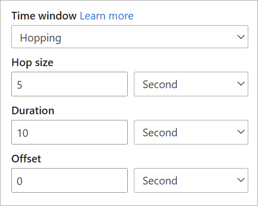 Screenshot that shows hop size, duration, and offset settings for a hopping time window.