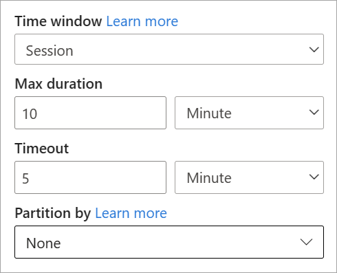 Screenshot that shows the duration, timeout, and partition settings for a session time window.