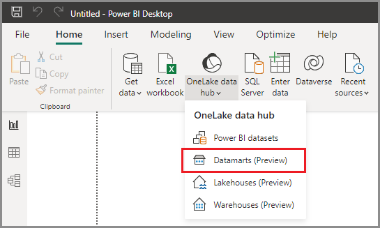 Screenshot of selecting datamarts from the Power BI Desktop data hub.