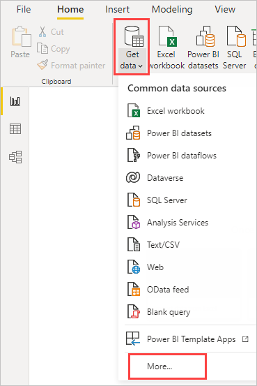 Most Common data sources menu, Get data button, Power BI Desktop