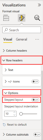 Format pane with Row headers expanded.
