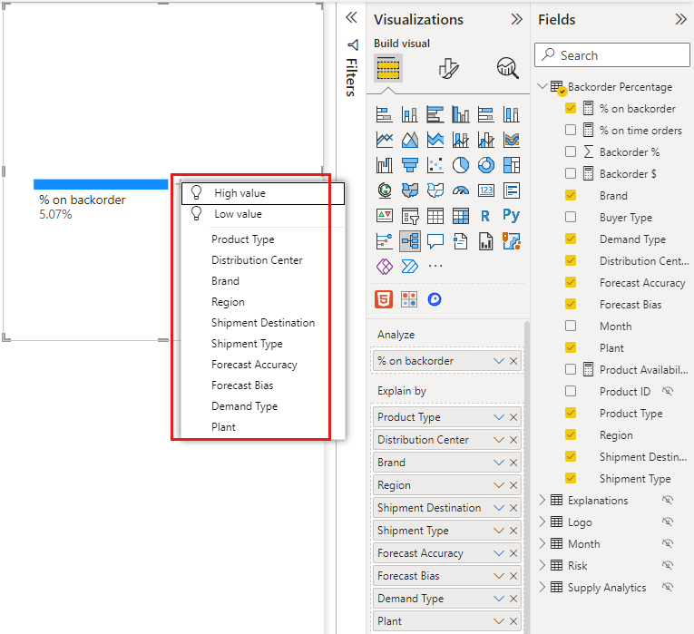 Screenshot showing the plus icon selected which displays options from the Explain by list.