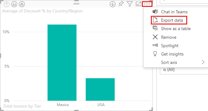 Visual dropdown showing option for selecting Export data.
