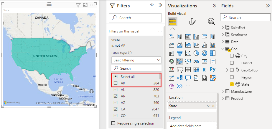 Screenshot of Filters pane showing State dropdown with All selected and AK not selected.