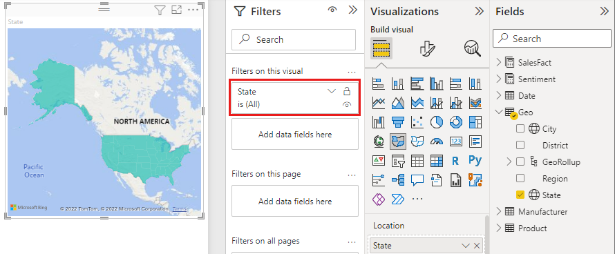 Screenshot of Filters pane showing State(All) selected.