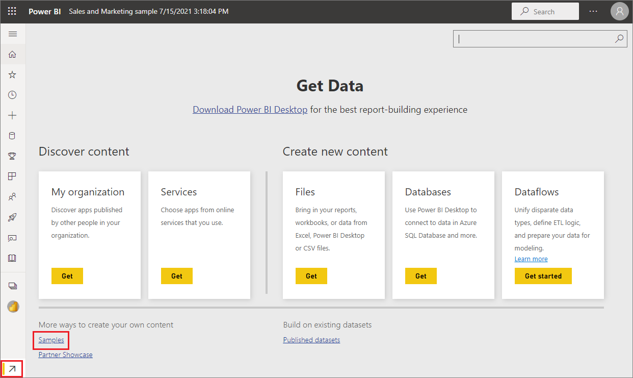 Screenshot of Get Data box with link to samples.