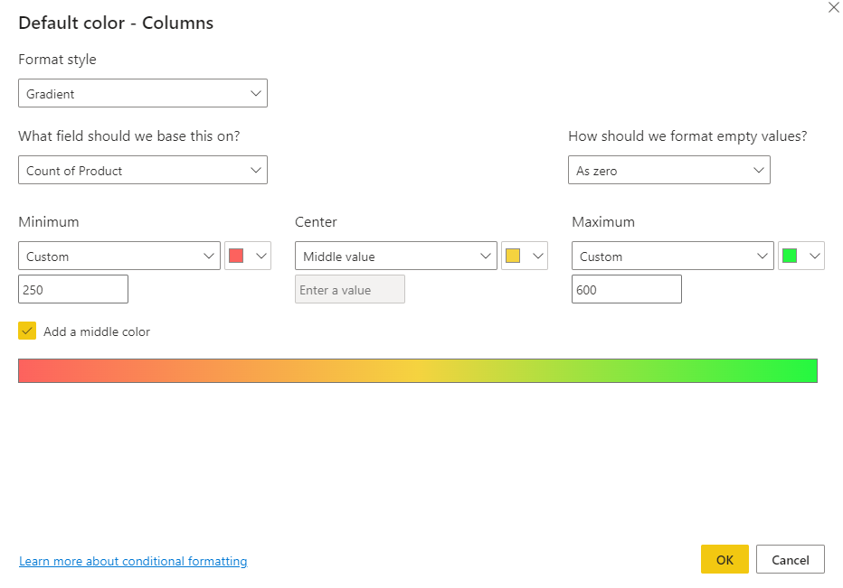 Screenshot fo Default color dialog with Color scale selected.