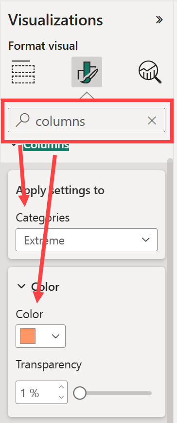 Screenshot of searching for the option to color bars in a chart.