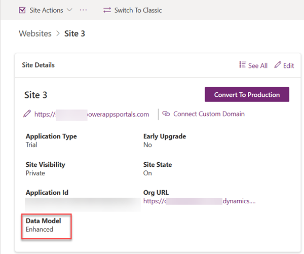 Screenshot that shows the Data Model field set to Enhanced in the Site Details section for a site.