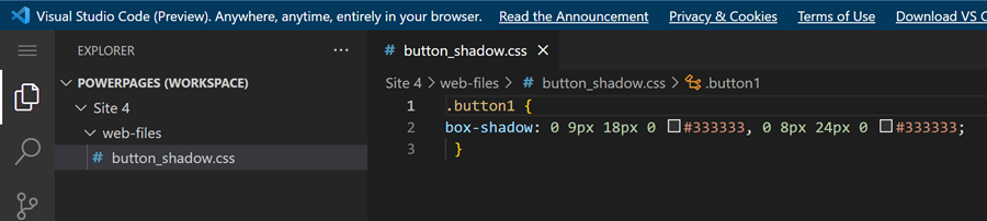 Edit the CSS file in Visual Studio Code for the Web.