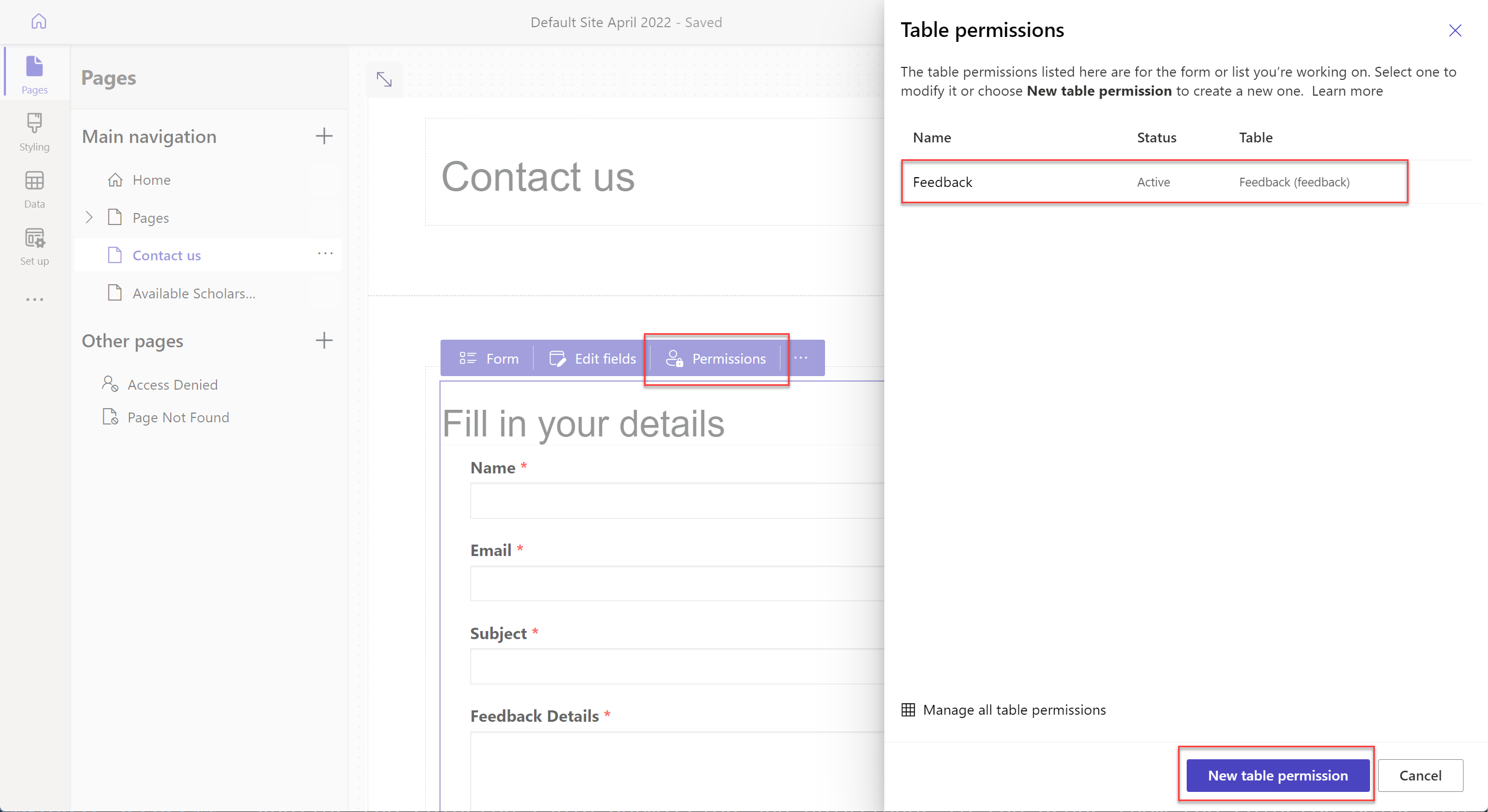Adding a table permission from a form in the design studio.
