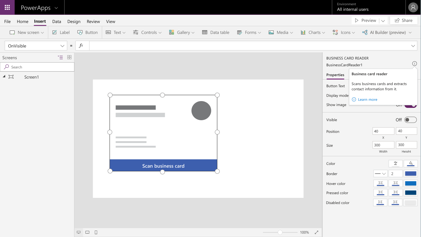 Business card reader in Power Apps studio