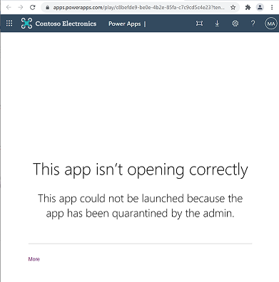 Power Apps experience when users attempt to launch an app that is quarantined by an admin.