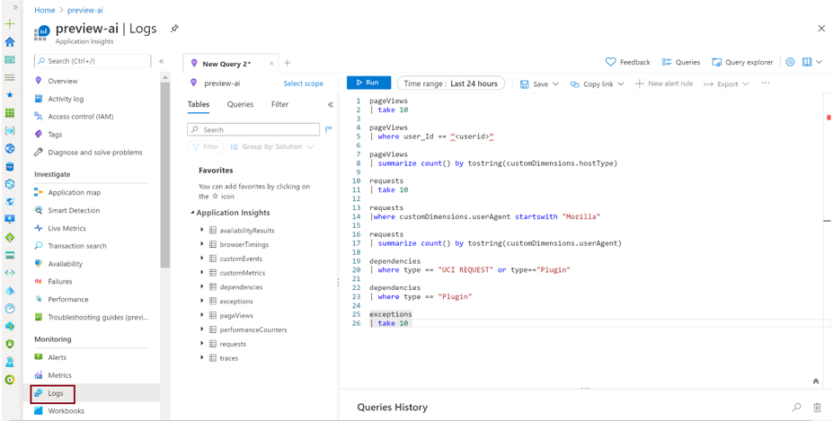 Application Insights logs query.