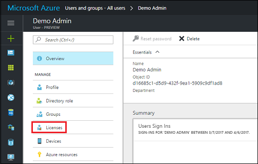 Assign a license with the Azure portal.