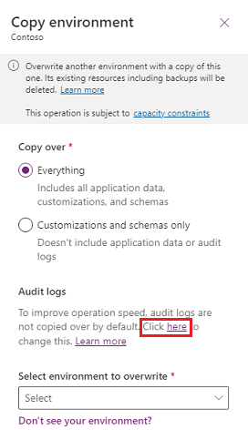 Select click here to include audit logs.