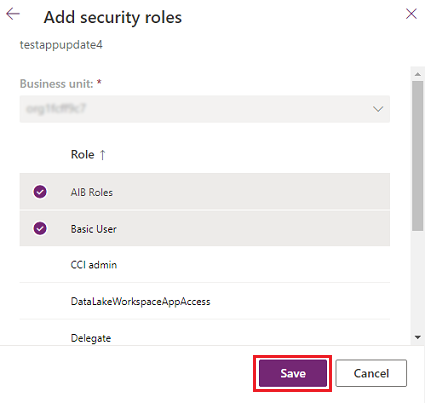 Add security roles to the new application user.