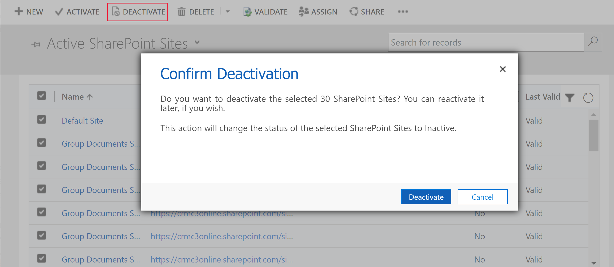 Deactivate all SharePoint sites