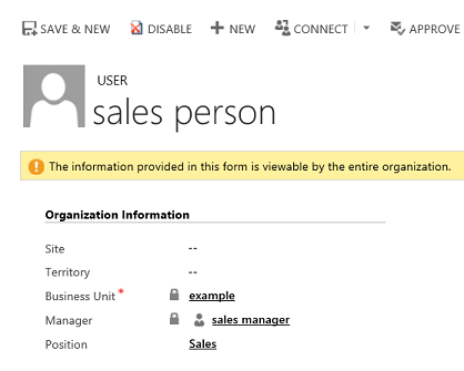 Screenshot that shows a sales person user record.