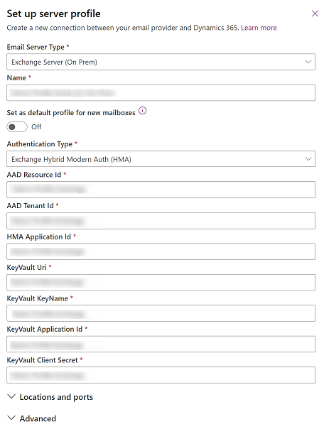 Screenshot of Exchange Hybrid Modern Auth (HMA) email server profile.
