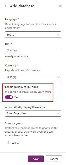 Select Enable Dynamics 365 apps.