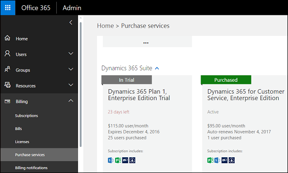 Microsoft 365 admin center purchase services.