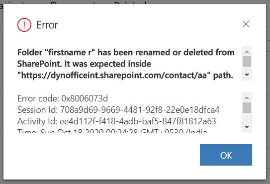 Error message due to renamed OneNote file in document grid.