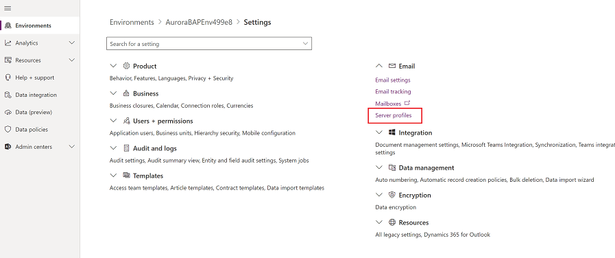 Screenshot of email server profile settings.