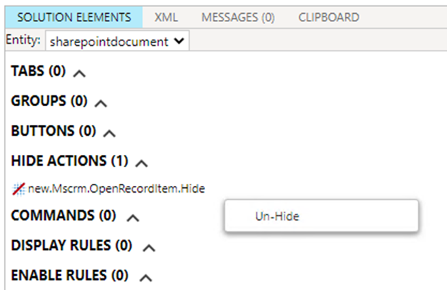 Select un-hide for the openrecirditem.hide action.