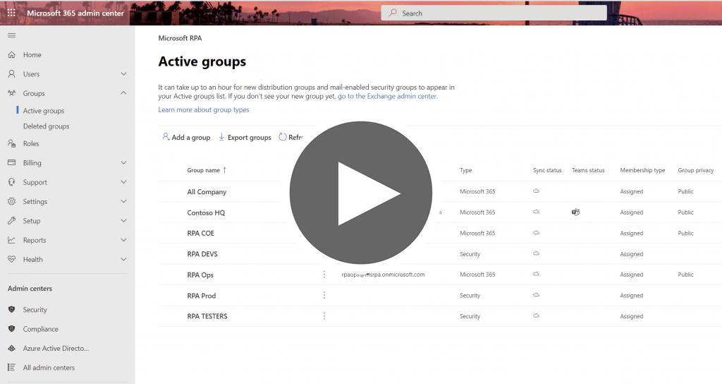 Slide from Empower, discover, and plan video showing a screenshot of M365 Admin Center, showing Active Groups area