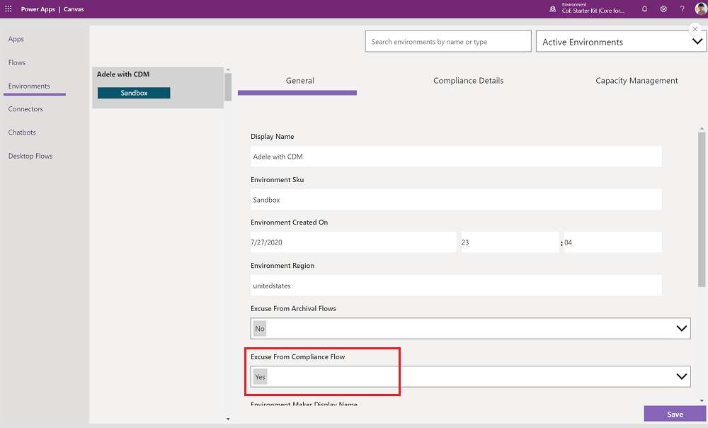 Exclude an environment from the compliance process in Dataverse for Teams