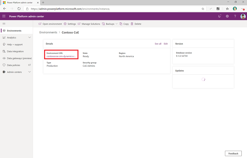 Power Platform admin center, with the environment URL highlighted.