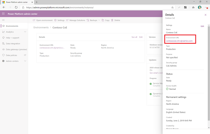 Environment settings available in the Power Platform admin center.