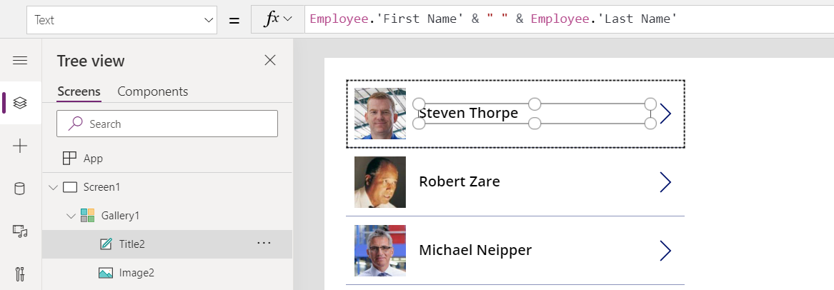 First and last name of an employee using the Employee name set with the As operator.