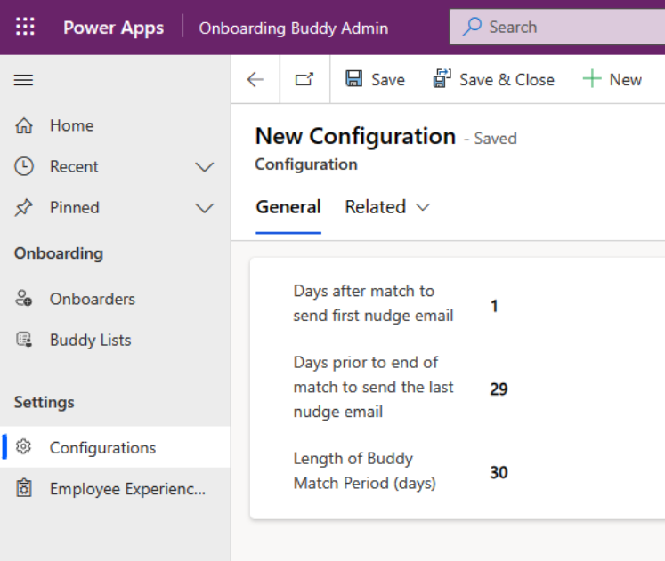 Screenshot of three configuration options in the Onboarding Buddy Admin app.