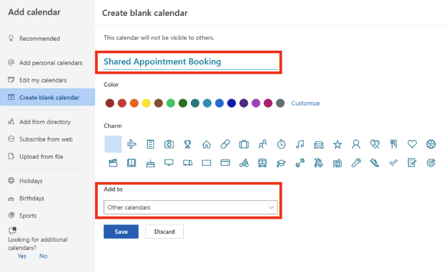 Screenshot of setting up a shared Outlook calendar for appointment bookings.