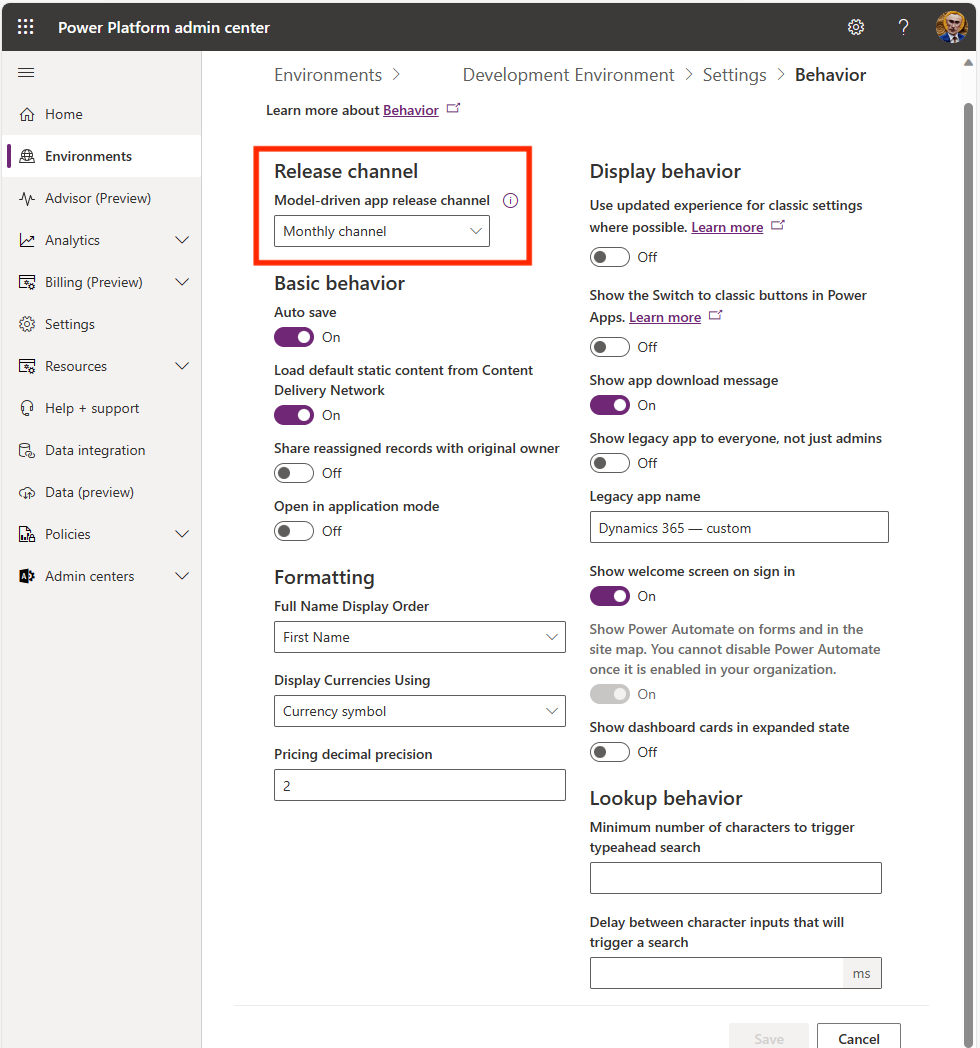 Screenshot of managing behavior settings in the Release channel section in the Power Platform admin center.