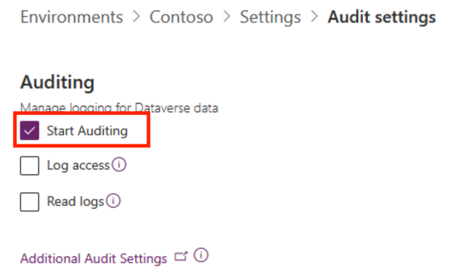 Screenshot of turning on auditing in the Power Platform admin center.