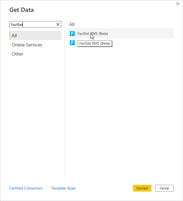 Image of the Get Data dialog box with FactSet RMS (Beta) emphasized.