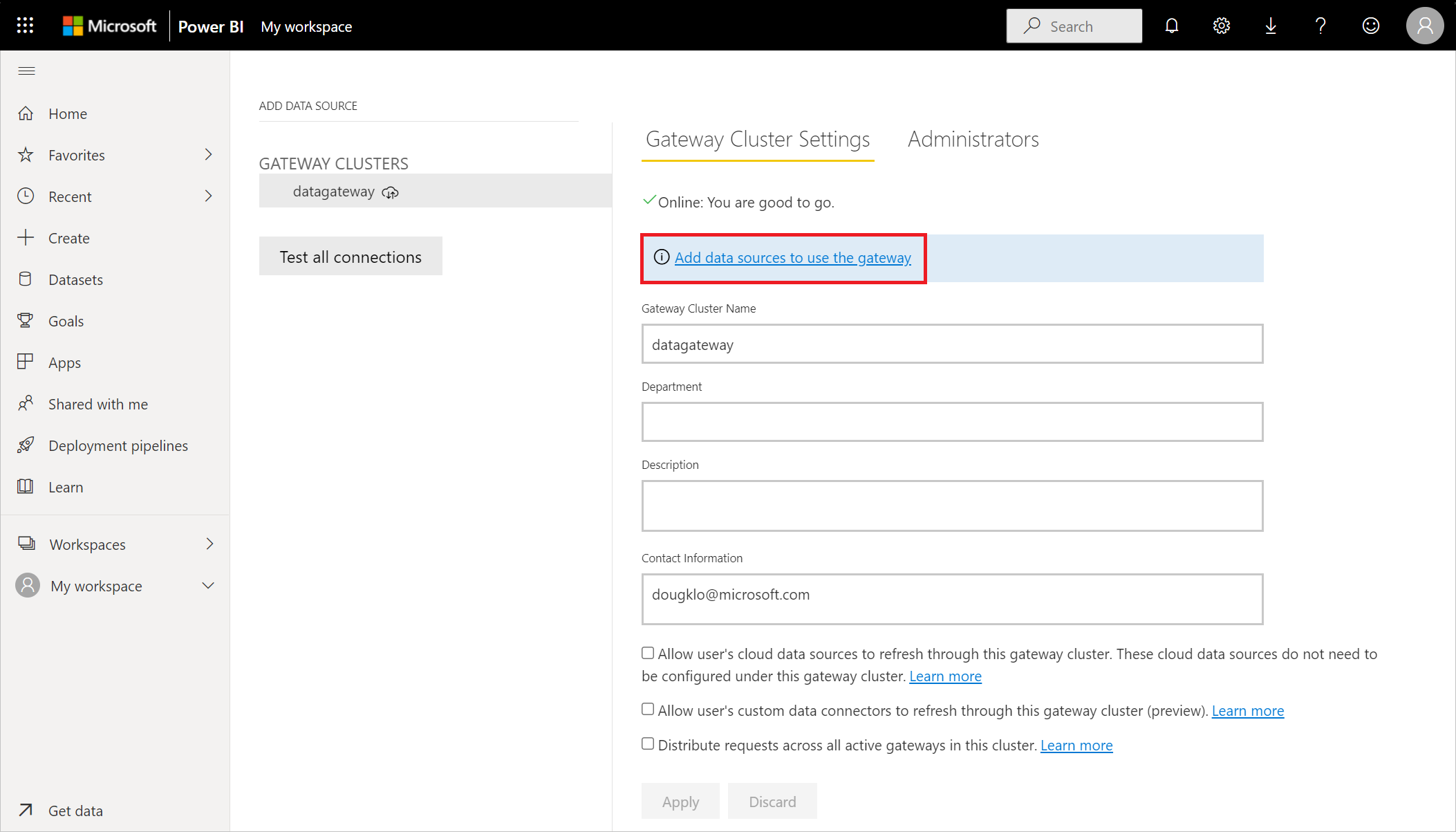 Image of the Add data source window in Power BI service, with Add data source to use the gateway emphasized.